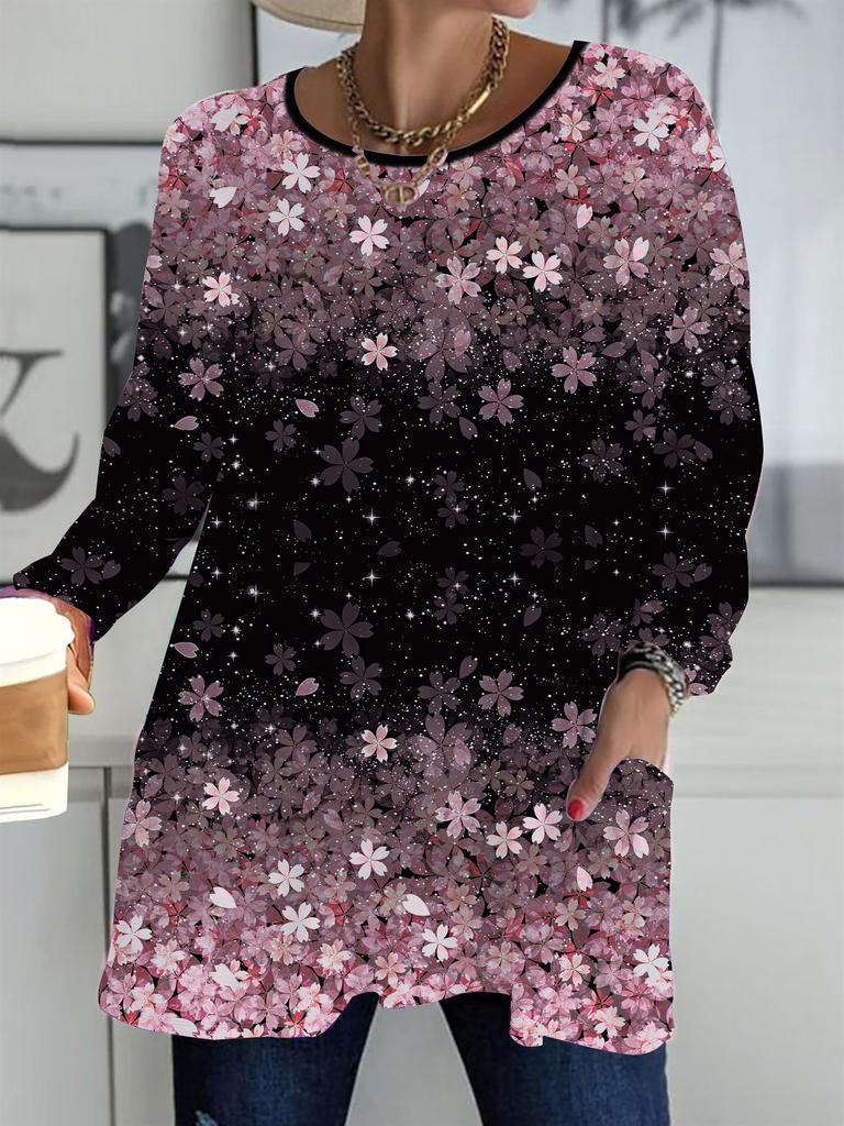 2025 Autumn Winter New Plus Size Women's Tops, Flower 3D Print Fashion Crew Neck Long Sleeve T-Shirts