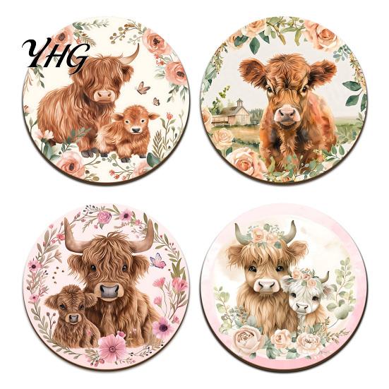 Healing Highland Calf Pattern Gifts Cow Cork Coasters, Cute Floral Farmhouse Drink Mats with Unique Aesthetic Table Settings Non-Slip Base,