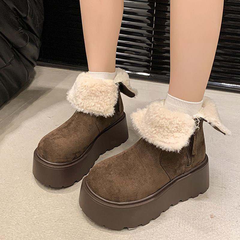Ботильоны женские на меховой платформе, замшевые короткие, плюшевые, на среднем каблуке, хлопковые туфли, тренд 2025 года, теплые, удобные, на молнии, зимние ботинки для женщин