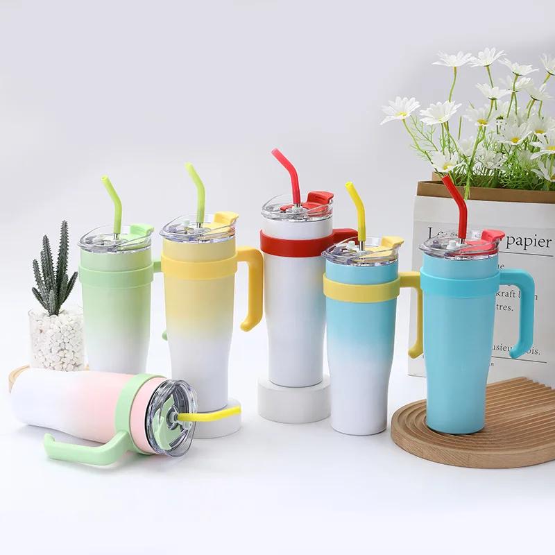 304 Stainless Steel Handle Ice Cream Cup 40oz Large Capacity Gradient Car Cup Vacuum Straw Insulated Cup