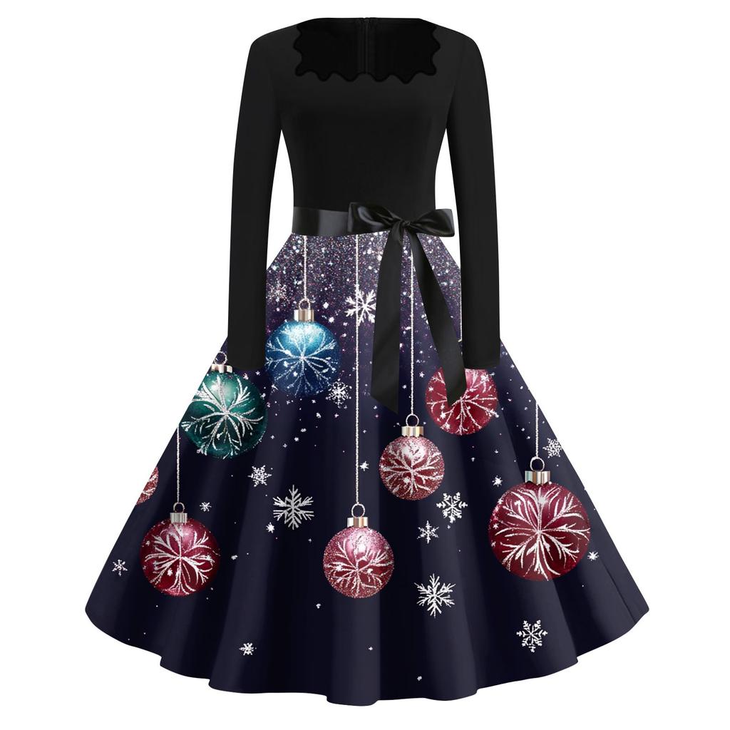 Women's Fashion Casual Square Neck Slim Christmas Printed Long Sleeve Dresses
