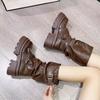 Pleated Retro Round-headed Muffin Medium Boots Women's Autumn and Winter Belt Buckle Stacked Boots Thick-soled Thick-heeled Martin Boots
