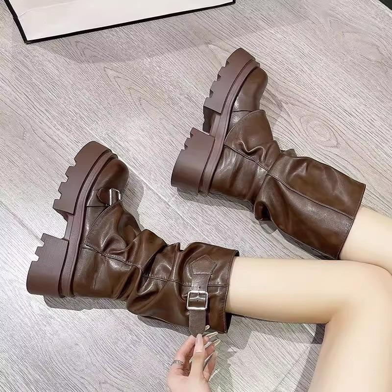 Pleated Retro Round-headed Muffin Medium Boots Women's Autumn and Winter Belt Buckle Stacked Boots Thick-soled Thick-heeled Martin Boots