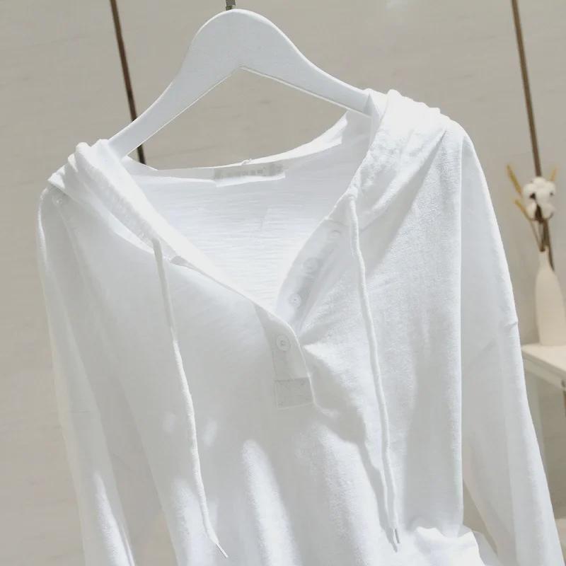 Women's Korean-Style White Hooded Long-Sleeve T-Shirt - 2025 Spring/Autumn Loose-Fit Top
