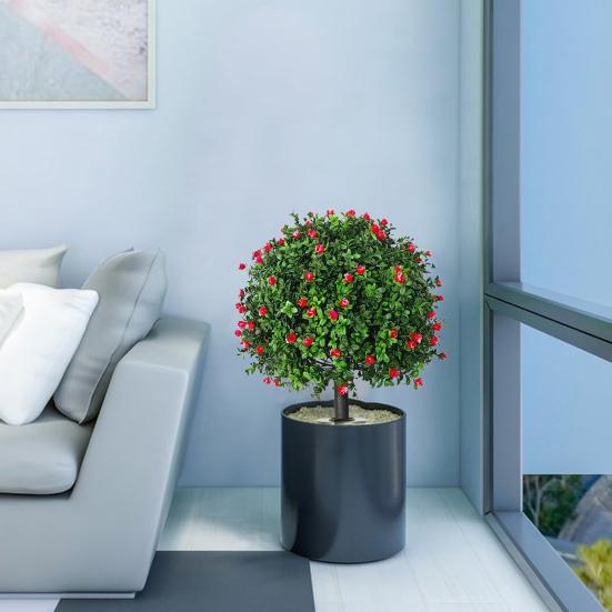 Искусственный шар камелии, имитация подстриженных деревьев с красными цветами, устойчивые к ультрафиолетовому излучению, искусственные зеленые кустарники с шипом для земли