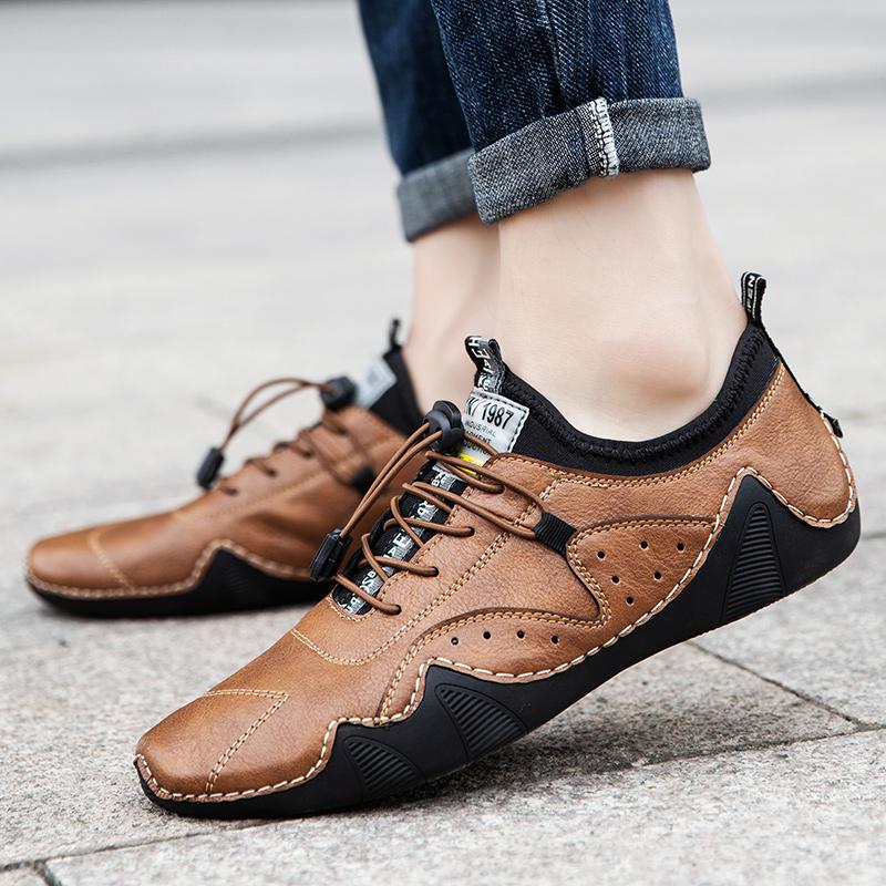 Leather Shoes2024 Trendy Street Casual Shoes Comfortable Foot Feel Handsome Black Flat Shoes Men's Autumn Plus Size Date Walking