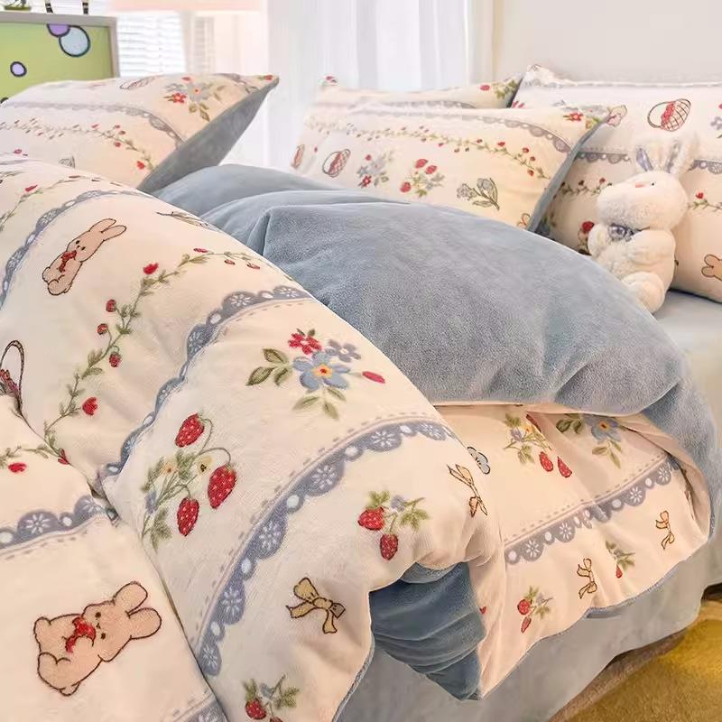 Winter Milk Flannel 4-piece Set Flange Plus Flannel Comforter Set Sheets Hats Bed 3-piece Set