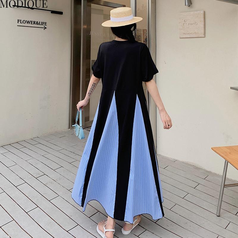 MODIQUE Summer Plus Size New Women Loose Color Contrast Fishtail Skirt A-Line Patchwork Long Dress Female Casual Short Sleeve O-Neck Dresses