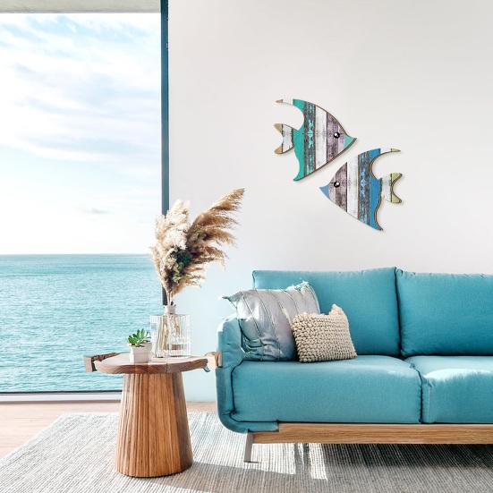 2 шт./набор Деревянный декор для стен в виде рыбы Прибрежный настенный арт с рыбами Деревенские приморские украшения Деревянная художественная панель с рыбами для дома, ванной комнаты, пляжного дома