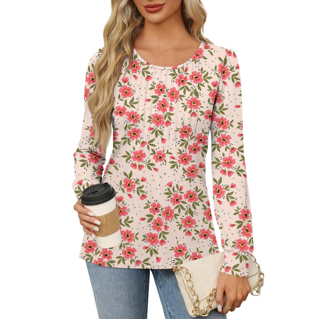 Рубашки с длинным рукавом для женщин, футболки с милым принтом и графикой, блузки, нарядные повседневные блузки, плиссированные топы-туники с овальным вырезом