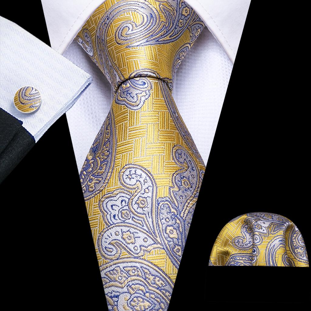 Hi-Tie Синий золотой полосатый жаккардовый мужской шелковый галстук, классический галстук, запонка, носовой платок