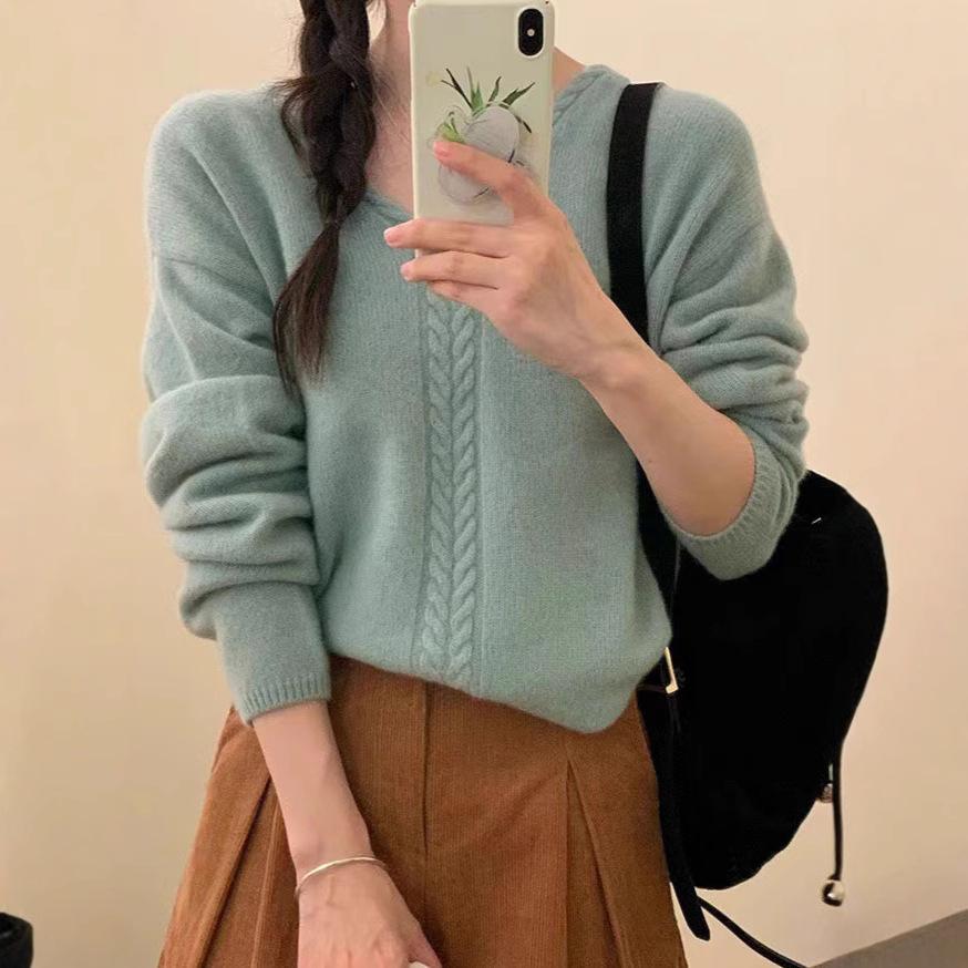 Women's V-neck Pullover Sweater Autumn and Winter New Loose Knit Sweater for Women