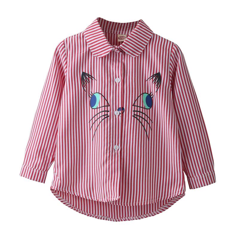 Children Turn-down Collar Embroidery Cartoon Cat Pattern Long Sleeve Shirts Blouse Outfits