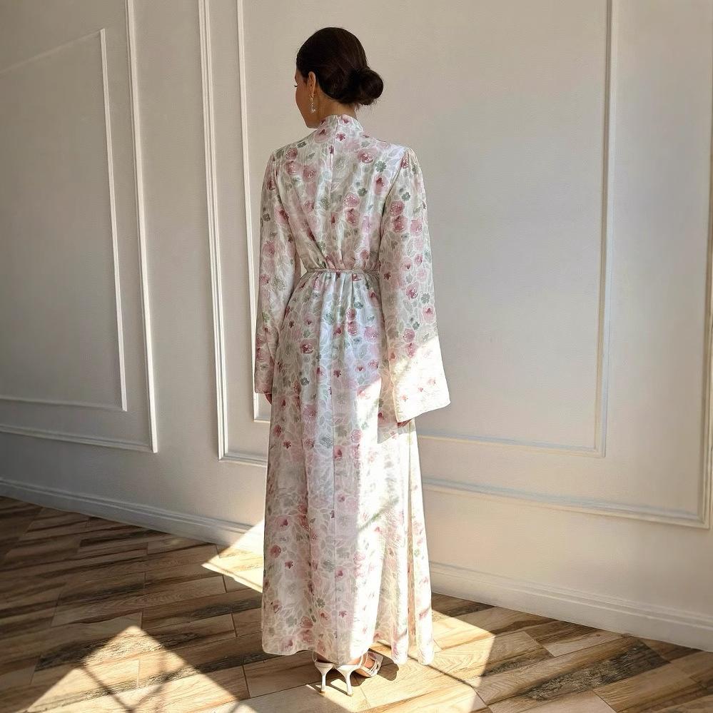 Европейская и американская женская одежда новая мода темперамент сладкие французские рукава-колокол тонкое платье с принтом длинное платье