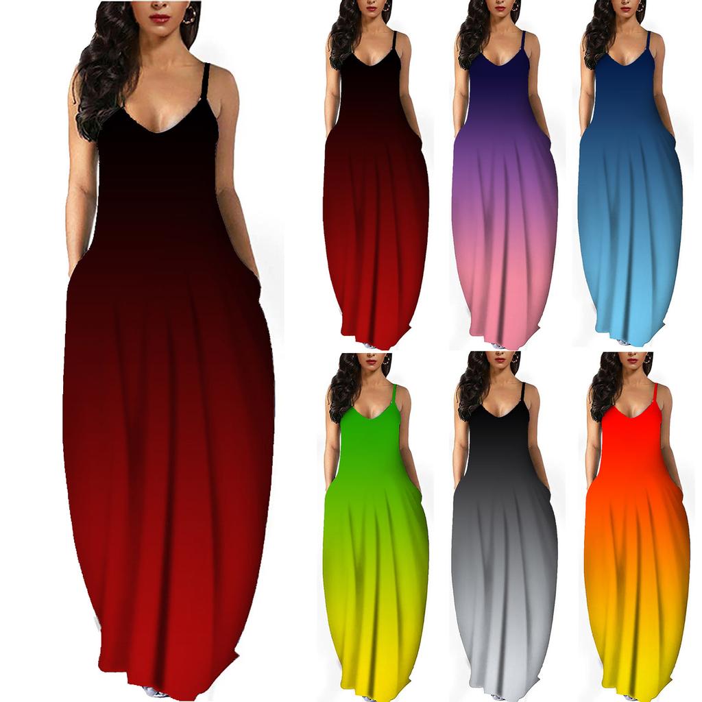 Women Gradient Sleeveless V Neck Maxi Dress Casual Sundress Beach Long Dres