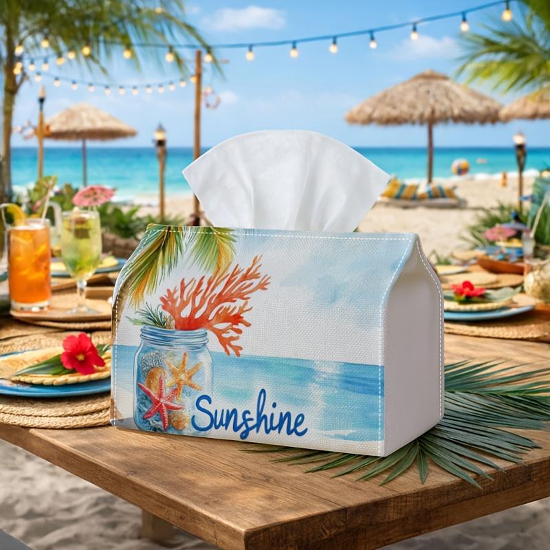 1pc Coastal Mason Jar Tissue Holder - Vibrant Summer Beach Design Napkin Storage Container, Ideal for Rolls/Facial Tissues/Single Sheets, Versatile St