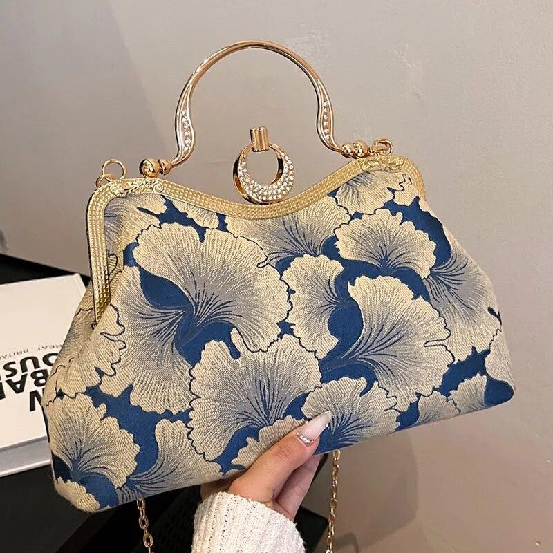 Floral Print Small Tote 2024 Designer Luxury Women Green Handbags Party Clutch Female Dinner Chain Shoulder Bags Messenger Bags