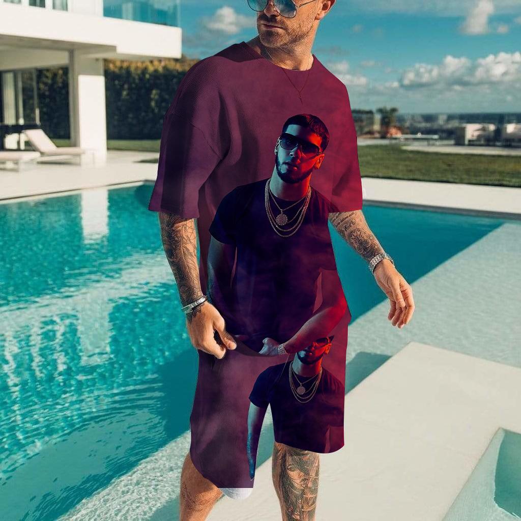 Мужские комплекты футболок Рэпер Anuel AA 3D-печать Модный спортивный костюм Футболки Шорты 2 предмета Мужская уличная одежда Оверсайз костюмы Спортивная одежда