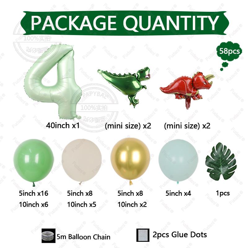 58pcs Mini Triceratops Tyrannosaurus Rex Balloon 40 Inch Olive Green Number 1-9 Balloon Set Dinosaur Theme Party Decoration