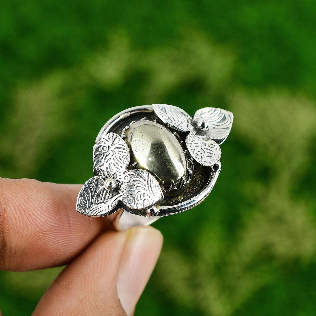 Natural Pyrite Gemstone Promise Flower Gold Ring Size 10.5 925 Sterling Silver