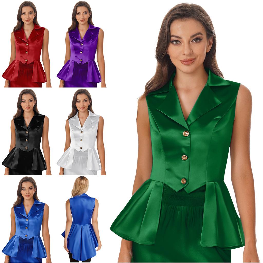 Женский жилет в викторианском стиле с отложным воротником, без рукавов, на пуговицах спереди, с асимметричным низом с оборками, куртка-топ