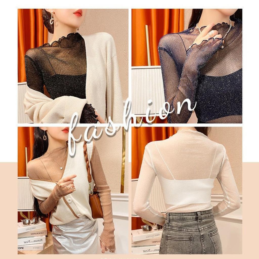 Women T Shirt See Through Transparent Mesh Tops Long Sleeve Sheer Slim Female Turtleneck Bright Silk T-Shirt Lace Crop Top
