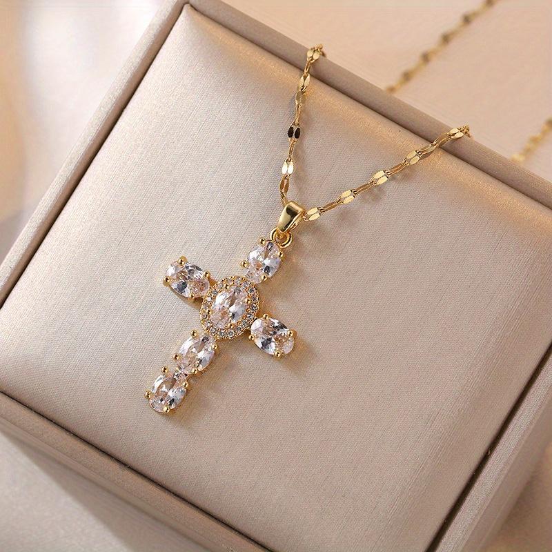 4 Colors Classic Imitation Crystal Colorful Cross Pendant Necklace Charm Anniversary Gift