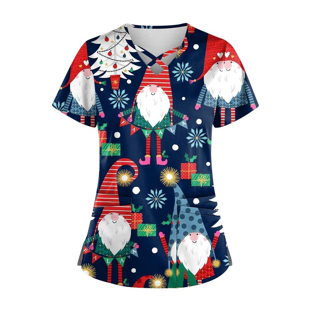 Women's Short Sleeve Stagger V Neck Christmas Print Pocket Dry-nurse Top
