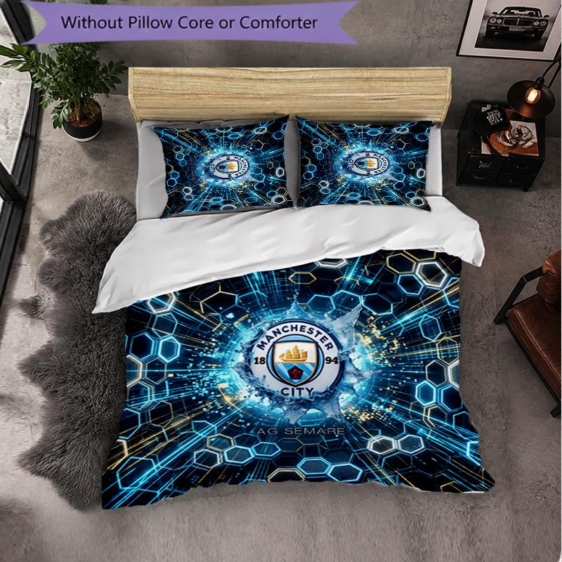 Manchester City Pattern 3 Pieces Bedding Set Soft Microfiber Duvet Cover with Pillow Cases for Bedroom
