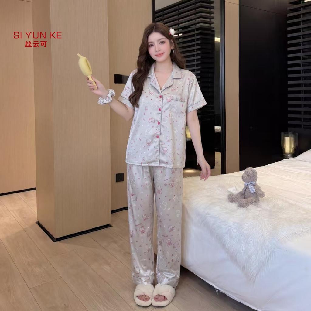 New cartoon KT ice silk pajamas women's short-sleeved trousers lapel cardigan loungewear suit sweet and cute can be worn outside