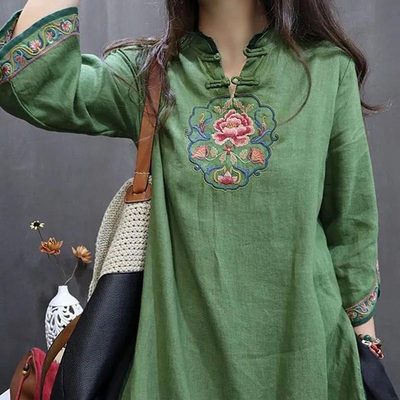 Женское платье большого размера в стиле ретро с вышивкой и воротником-стойкой