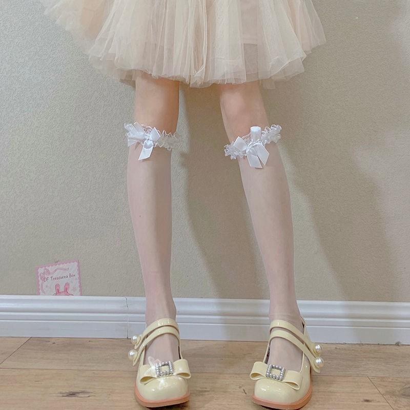 Japanese StyleJKMid-Calf Silk Stockings Women's Sweet Lace Calf Socks Summer Thin Bow Lolita Black Silk