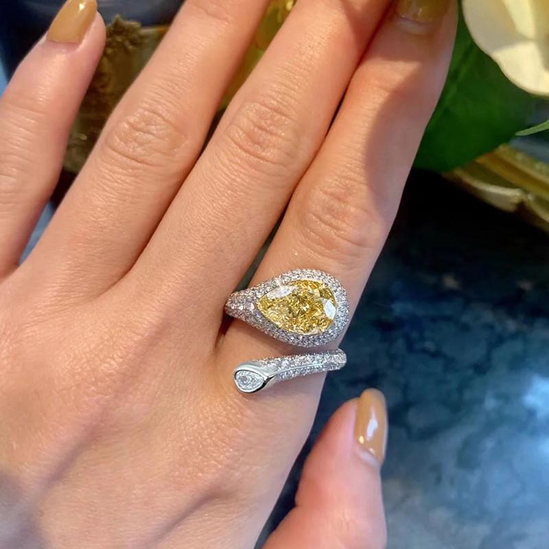 925 Sterling Silver Women Opening Ring Inlaid Shiny Yellow CZ Trendy Accessories Wedding Daily Versatile Lady Party Jewelry