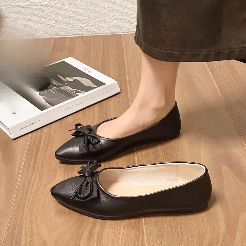 Модная женская обувь 2024 года, высококачественные женские туфли на плоской подошве, осенние туфли с острым носком, однотонные туфли с бабочкой и неглубоким воротом, повседневные туфли для женщин