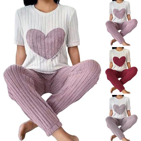 2 шт./комплект, женская зимняя пижама, круглый вырез, узор в виде сердца, короткий рукав, домашняя одежда, топ, штаны, комплект, свободная домашняя одежда, женская ночная рубашка