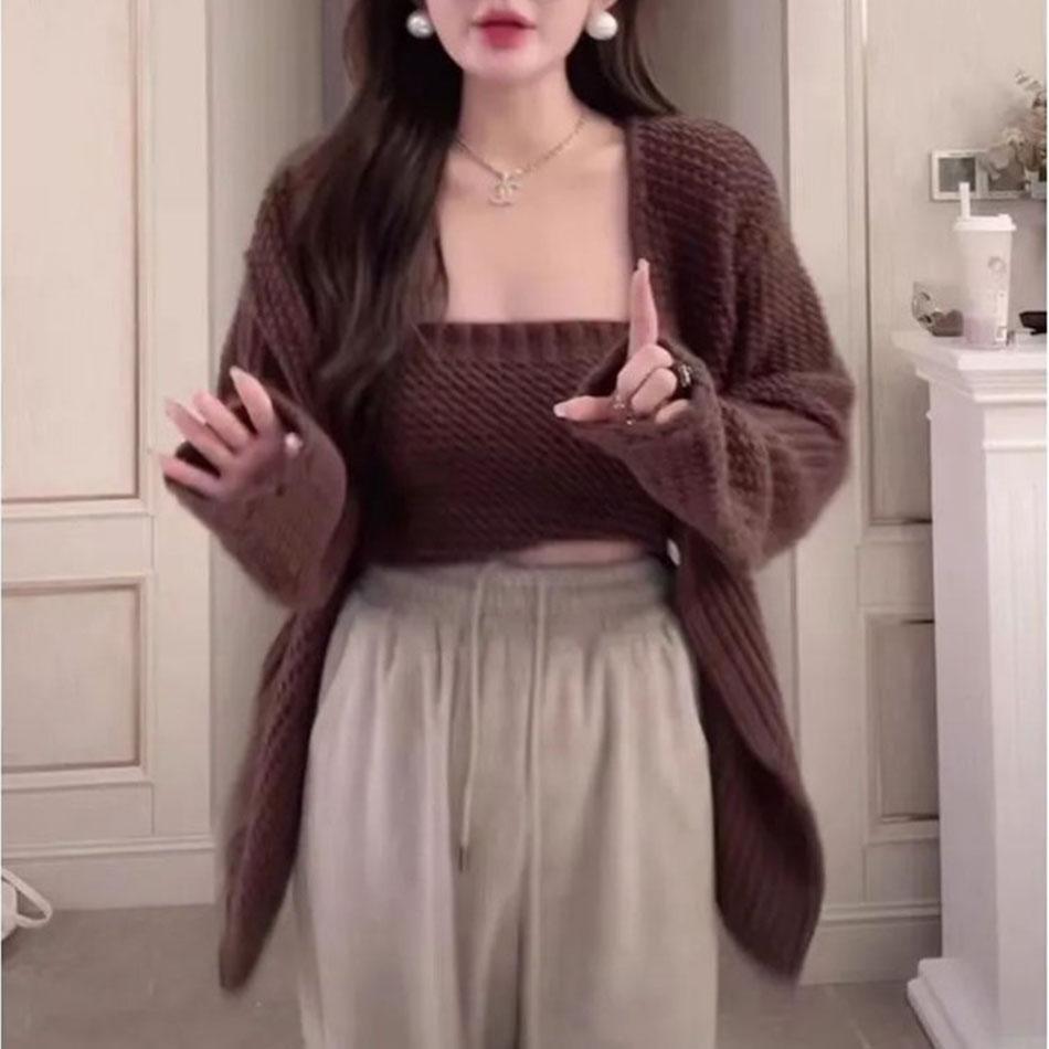 Универсальный свитер-кардиган женский 2023, высококачественный вязаный кардиган, верхнее пальто, бюстгальтер и женский атмосферный комплект, женский свитер-кардиган
