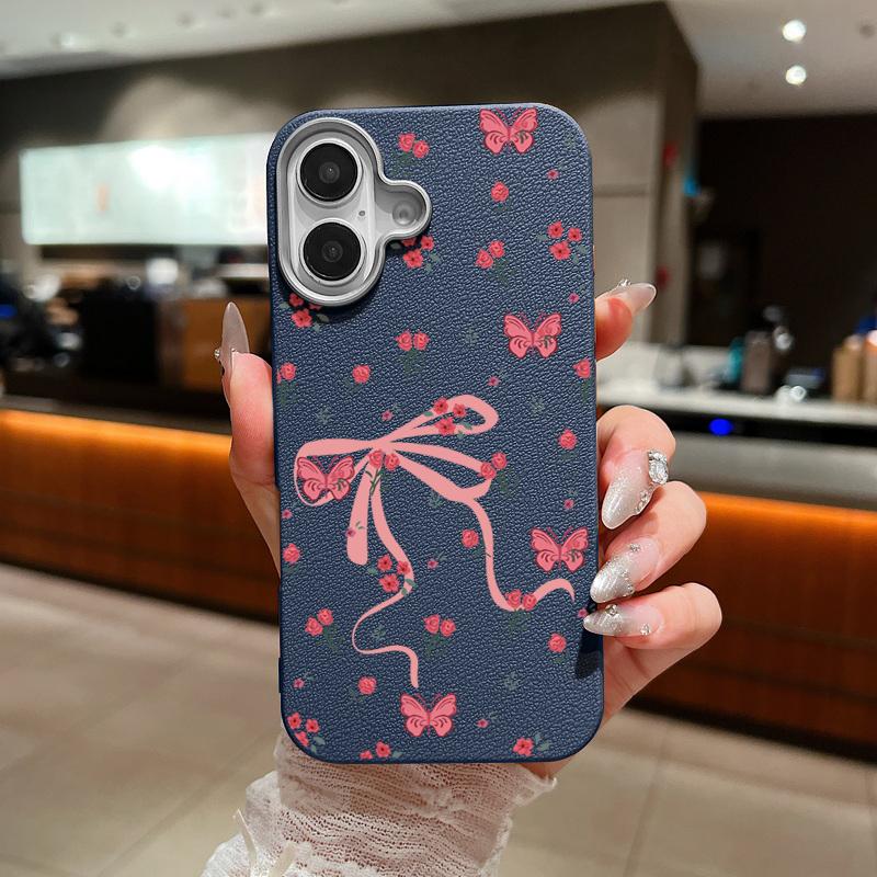 For iPhone 16 15 Pro Max 14 Pro 13 12 11 Case Bowknot Floral Print Slim TPU Leather Texture Soft Matte Shockproof Phone Cover