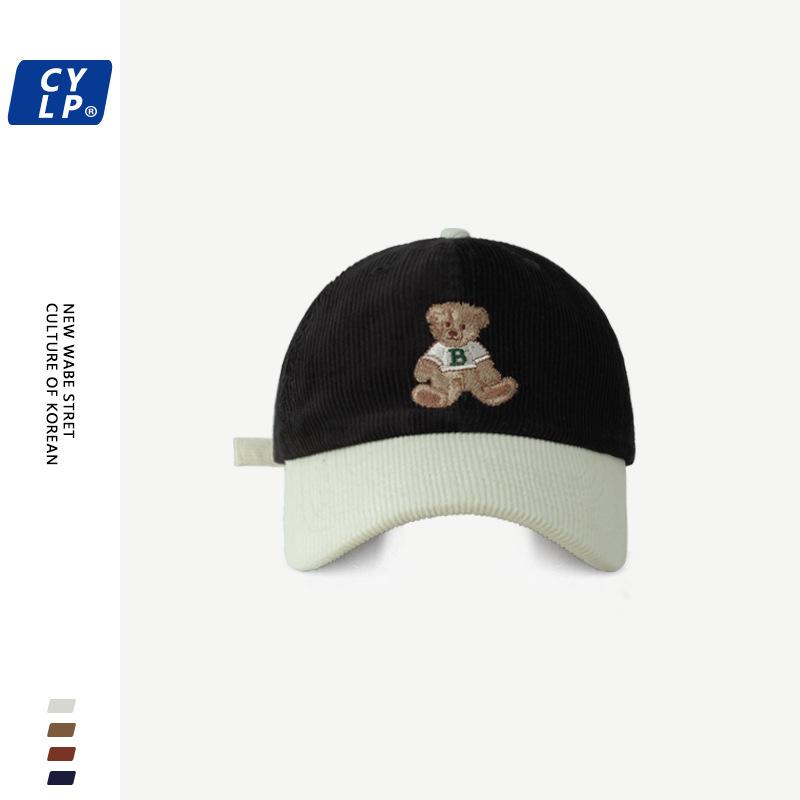 Корейская милая мультяшная вышитая бейсболка с медведем для женщин на зиму, вельветовая студенческая модная бейсболка с контрастным цветом в стиле пэчворк