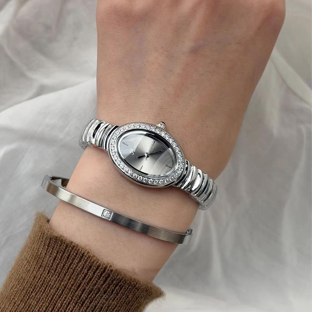 Women's Watch Original Luxury Brands Premium Silver Grey Diamond Set Elliptical Snake Bone Strap Ladies Watch Gift