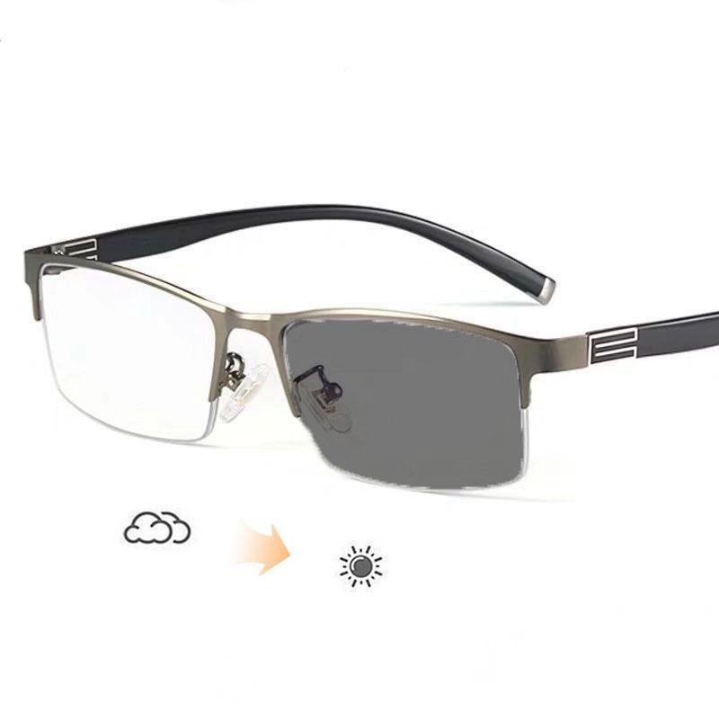 Vintage Half Frame Business Photochromic Myopia Glasses for Male Men's Trendy Anti-blue Eyewear Smart Color Changing Sunglasses