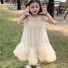 Новинка 2023 года, сетчатое платье с бисером для девочек, детские марлевые модные платья без рукавов, детская одежда для дня рождения