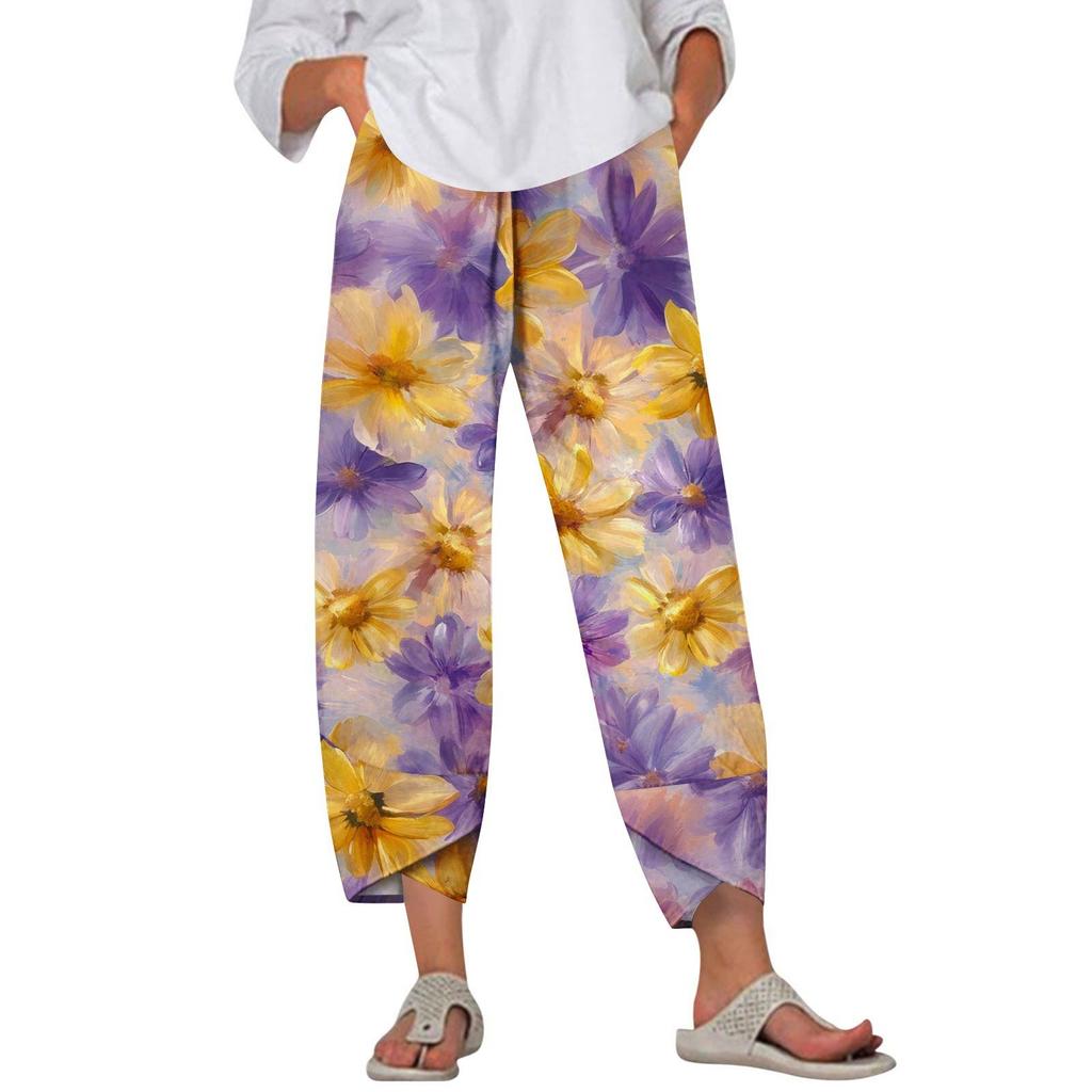 Брюки женские летние повседневные широкие брюки с эластичной резинкой на талии и принтом с карманами