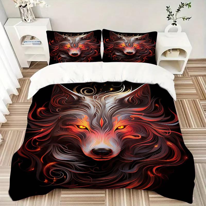 3pcs Flaming Wolf Printed Quilt Set - Includes 1 Quilt Cover and 2 Pillowcases, Machine Washable - Suitable for All Seasons.J054