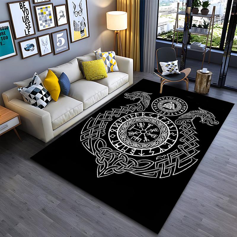 Area Rug, Norse Viking Vegvisir Valknut Runes Celtic Dragon Knot White Print, Man Cave Decor, Non-Slip Mat