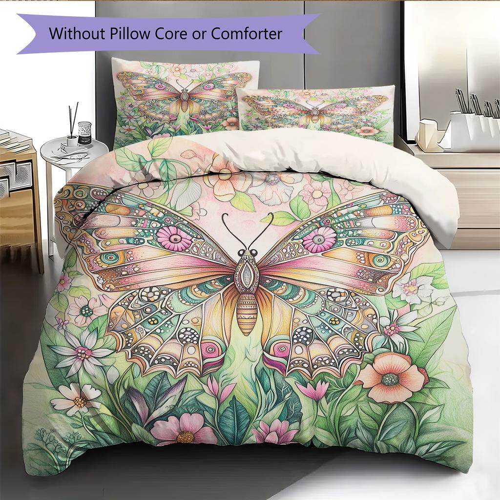 Butterfly in Flower Bushes Pattern Bedding Quilt Set Quilt Cover Pillowcase Home Decoration Gift (1 * duvet cover + 2 * pillowcase, without core)