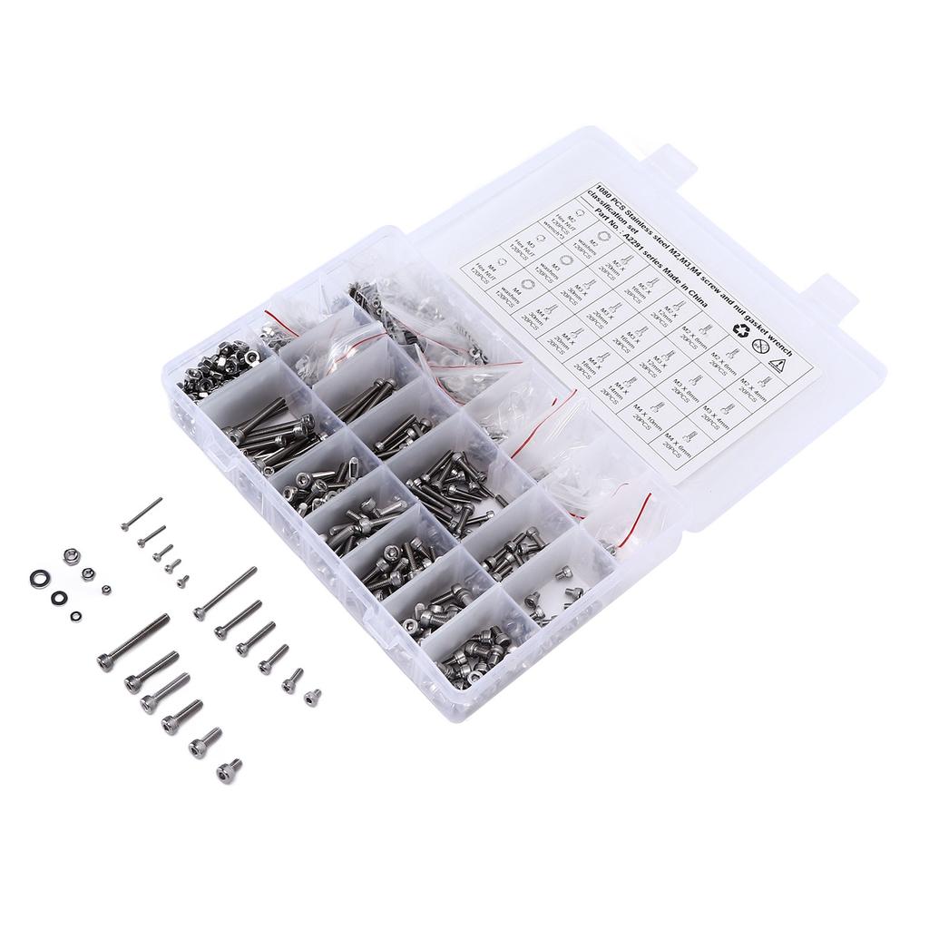 1080 шт./набор M2 M3 M4 Комплект винтов, гаек и шайб Нержавеющая сталь Шестигранная головка с внутренним шестигранником Ассортимент крепежа для
