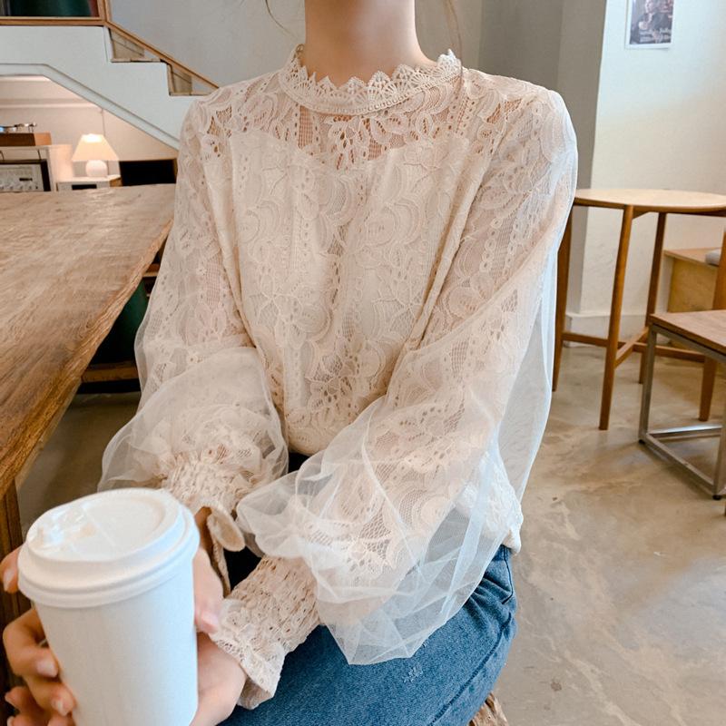 Loose Long Sleeved Mesh Lantern Sleeves Lace Women's Blouses & Shirts
