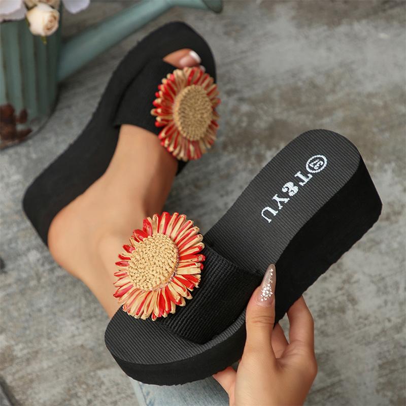 Fashion Sunflower Wedges Sandals for Women Plus Size Thick Sole Non Slip Slippers Woman Summer Light Comfort Chunky Platform Slippers