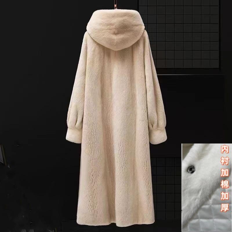 Europe, America, autumn and winter new imitation mink velvet coat loose hooded knee extended fur coat women's large size
