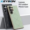 KEYSION Grid Pattern PU Leather Case for Samsung S24 Ultra 5G S24+ Plating PC Camera Protection Phone Cover for Galaxy S24 Ultra